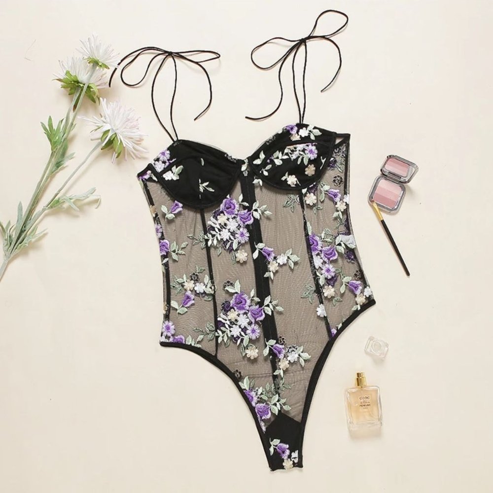 One-piece Black Floral Embroidery Bodysuit Lingerie